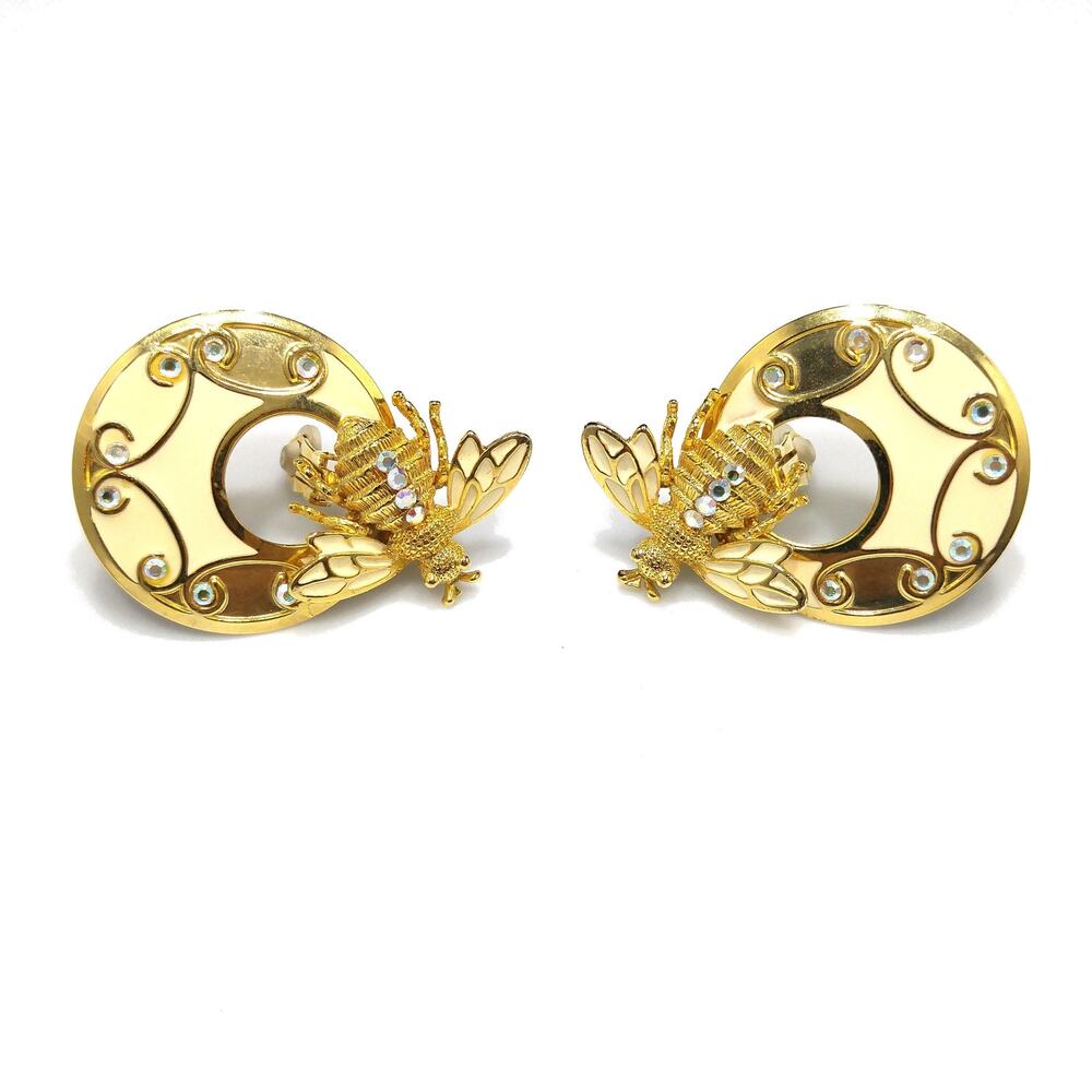 Vintage Large Bee Insect Clip Earrings, Cream Enamel